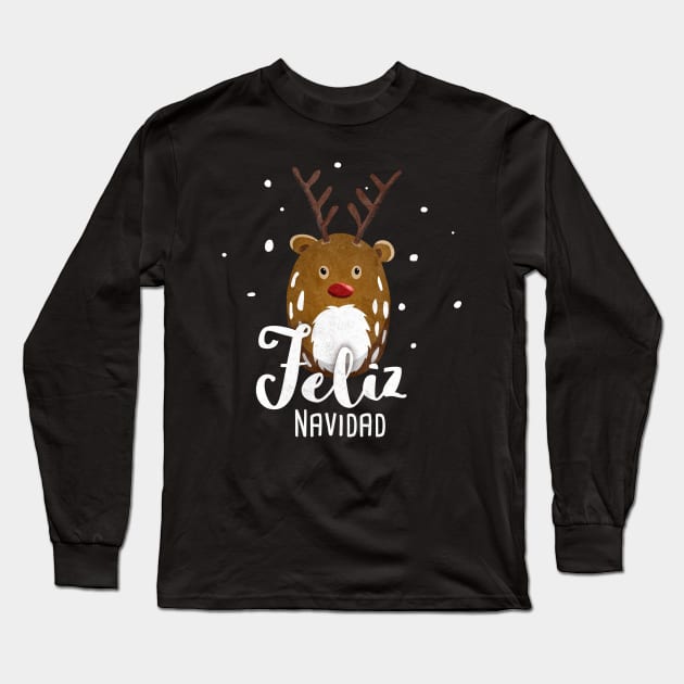 Feliz Navidad Merry Christmas With Reindeer Rudolph Long Sleeve T-Shirt by Bumblebeast